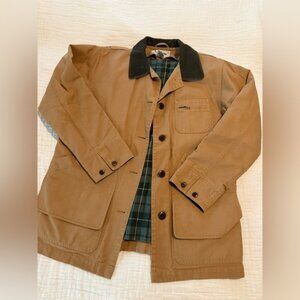 LL Bean Chore Barn Tan Jacket with Brown Collar EUC 2708